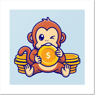 Cute Monkey Bite Gold Coin Cartoon Posters and Art